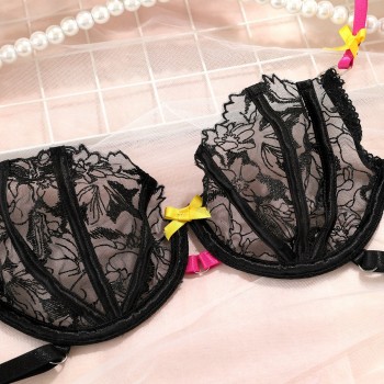  Erotic Lingerie Fancy Underwear Embroidery Transparent Bra And Panty Set 4-Pieces Bow-Knot Luxury Lace Black