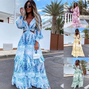 Beach Cover Up 2022 Summer Sexy V-Neck Backless Hollow Out Lantern Sleeve Maxi Dress 