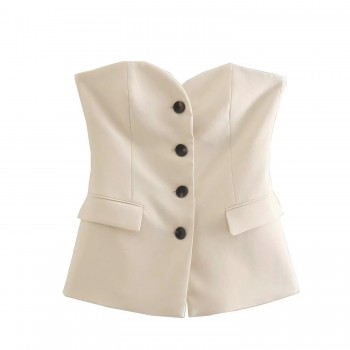 Women's elegant temperament button flap lingerie vest + high waist slim trousers slit straight pants