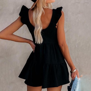 Backless White Pleated Patchwork Short Sleeve Women's Jumpsuit Casual Loose Rompers Black White