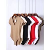 Solid Color Sexy Big V-neck Slim Slimming One-Piece Short-Sleeved T-Shirt Women's One-Piece