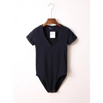 Solid Color Sexy Big V-neck Slim Slimming One-Piece Short-Sleeved T-Shirt Women's One-Piece
