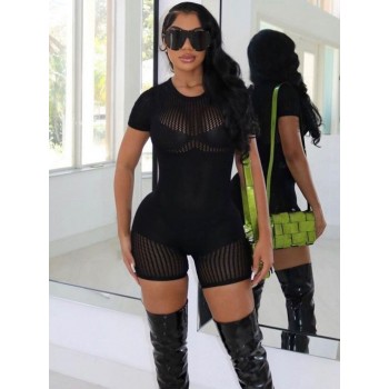 2023 Summer Fashion: Hugcitar Short Sleeve Zip Up Knit Romper - Sexy Bodycon Style for Streetwear and Sport