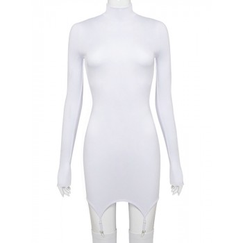  Solid Bodycon Garter Women Mini Dress with Stocking Long Sleeve Sexy Clubwear Black White