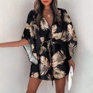 Batwing Sleeve Print Lace Up Mini Dress for Women Sexy V-Neck Casual Loose Boho Holiday Short Dresses
