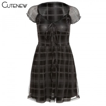 Lattice Pattern A-Line Short Sleeve Mini Dress For Womens Clothes 2021 ...