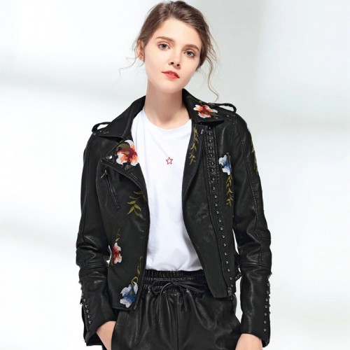 Womens Floral Embroidery PU Leather Motorcycle Outerwear Casual Coat Jacket X4X1 