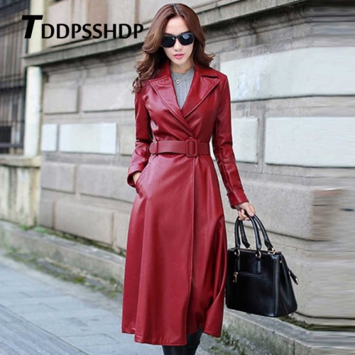 Black and Red Color Long Spring Thick Women Leather Coat Long Sleeve ...