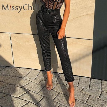 MissyChilli PU leather loose pants & capris Women high waist black ...