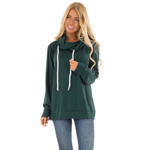 Green Long Sleeve Hoodie with Rope Drawstring Blue Gray Black (Green ...