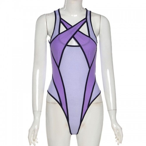 Color Patchwork Bodysuit Women Summer Bodycon Sleeveless High Cut 1 ...
