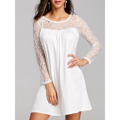 Lace Panel Mini Long Sleeve Shift Dress - White (Lace Panel Mini Long ...