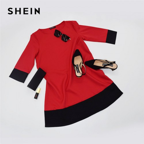 SHEIN Red Contrast Trim Tunic Dress Workwear Colorblock 3/4 Sleeve ...