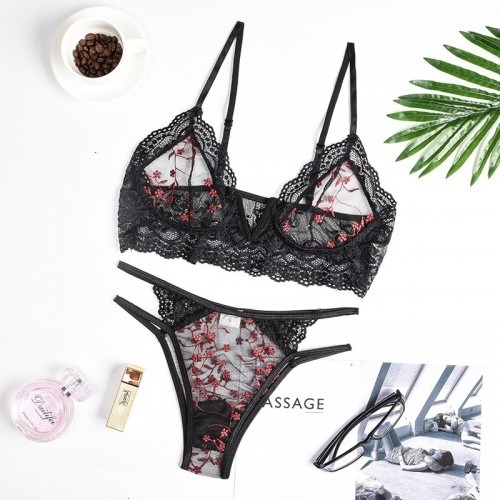 Womens Bra Set Ultra Thin Floral Transparent Lace Bra Embroidery