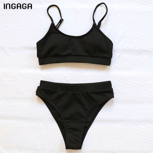 INGAGA High Waist Bikinis Swimsuits Women Push Up Swimwear Ribbed Strap ...
