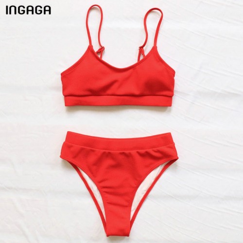 INGAGA High Waist Bikinis Swimsuits Women Push Up Swimwear Ribbed Strap ...