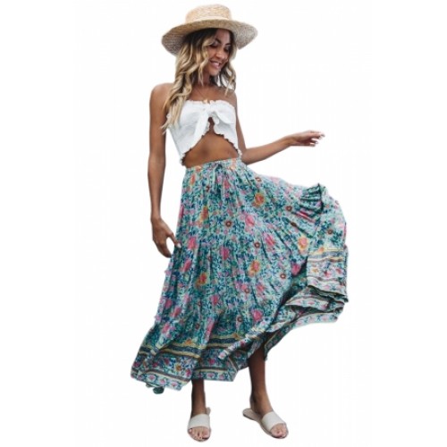 Floral Elastic Waist Maxi Skirt (Floral Elastic Waist Maxi Skirt) by ...