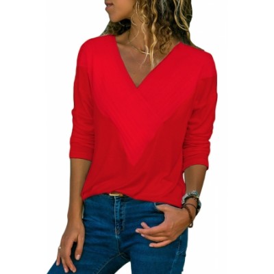 Black Long Sleeve V Neck Casual Top Red Purple Yellow (Black Long ...