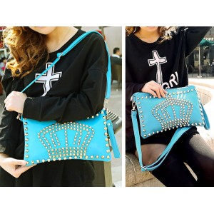 Fashion Women's Clutch With Crown Pattern and Rivets Design Blue