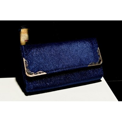 Retro Style Women's Clutch With Faux Fur and Metal Design Blue/Black