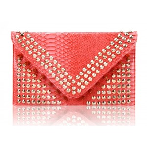 Vintage Style Party Women's Clutch With Rivets and Crocodile Veins Design Pink