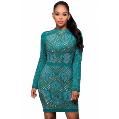Blue Mini Jeweled Quilted Long Sleeves Dress (Blue Mini Jeweled Quilted ...
