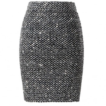 Sequined Patchwork Shinny Pencil Mini Skirts High Waist Black Party ...