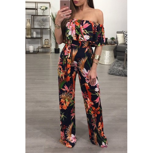 USA Women Off Shoulder Bohemian Palm Beach Print With Sashes Jumpsuit Rompers J 