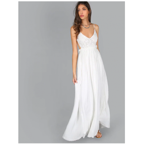 Lace Overlay Backless Pleated Maxi Dress White (Lace Overlay Backless ...
