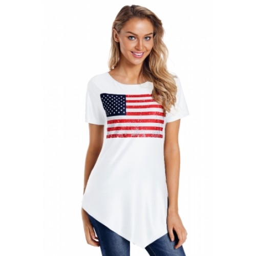 American Flag Print Asymmetric Hem T-shirt (American Flag Print ...