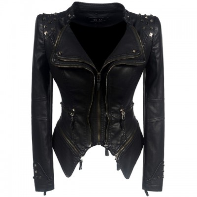 Smooth Motorcycle Faux Leather Jackets Ladies Long Sleeve Autumn Winter ...