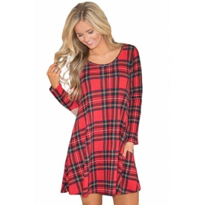 Contrast Elbow Patch Red Plaid Swing Dress (Contrast Elbow Patch Red ...