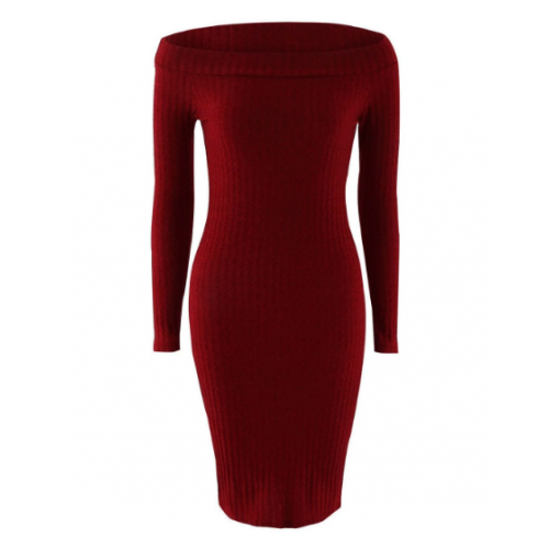Off The Shoulder Skinny Ribbed Dress - Wine Red (Off The Shoulder ...