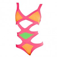 Cut Out Spaghetti Straps Design Color Block Backless One-Piece Bandage Swimwear For Women