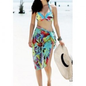 Halterneck Floral Print Color Block Ladylike Beach Wear For Women