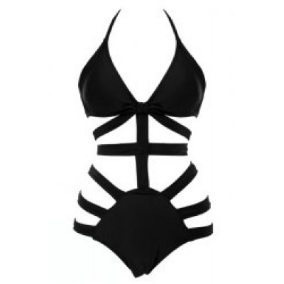 Sexy Style Halterneck Solid Color Cut Out One-Piece Bikini Dacron Swimming Wear For Women