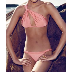 Sexy Women's Solid Color Hollow Out One-Shoulder Bikini Set
