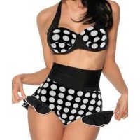 Vintage Halterneck Polka Dot Print High Waist Ruffles Bikini Swimsuit For Women