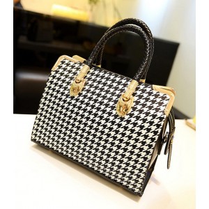 Stylish Women's Tote Bag With Houndstooth and Metallic Design
